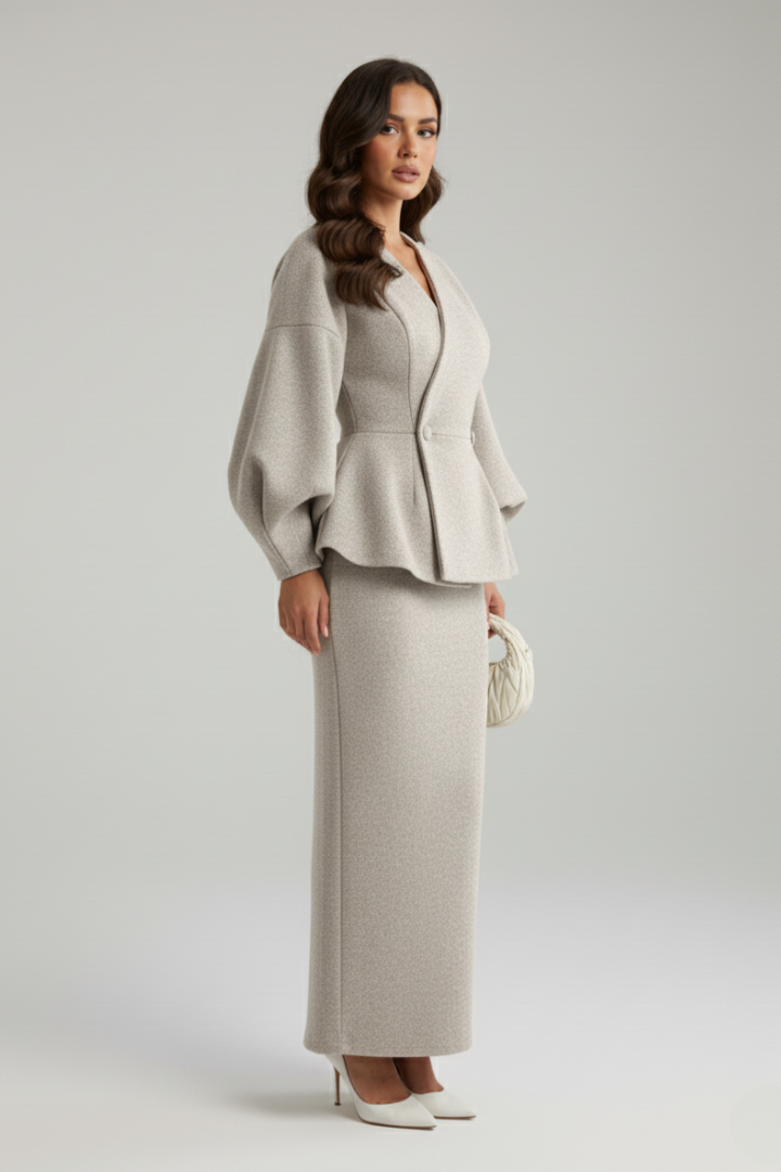 Puff sleeve blazer and midi skirt co-ord set in White, front view