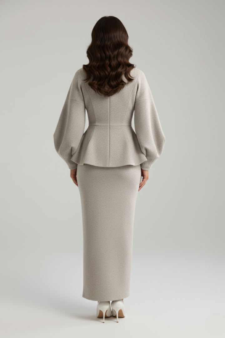 Puff sleeve blazer and midi skirt co-ord set in White, full length view