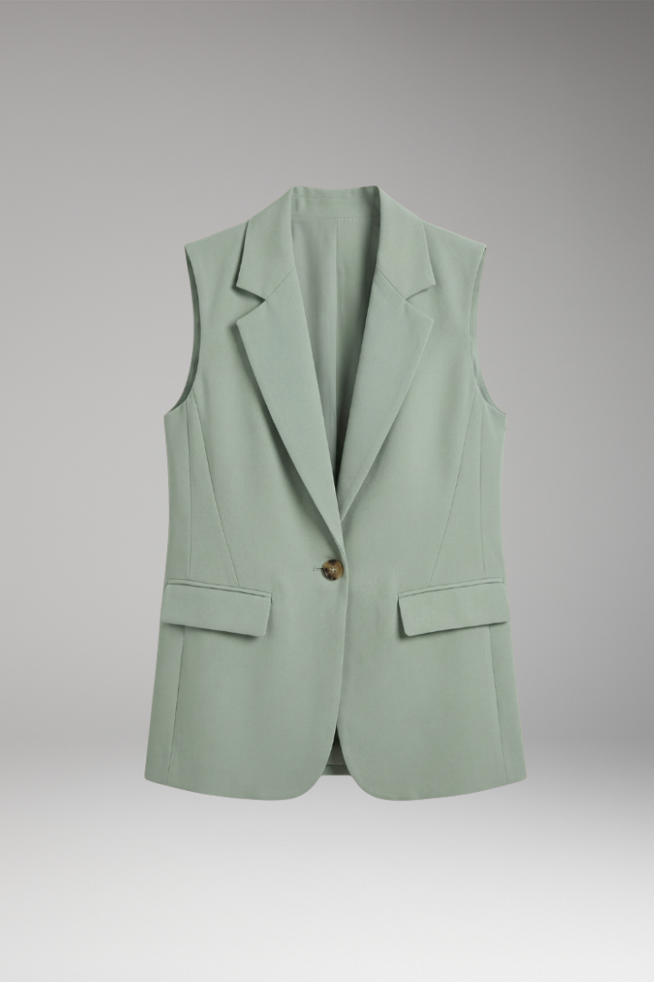 Sage Green sleeveless notch collar blazer, front view