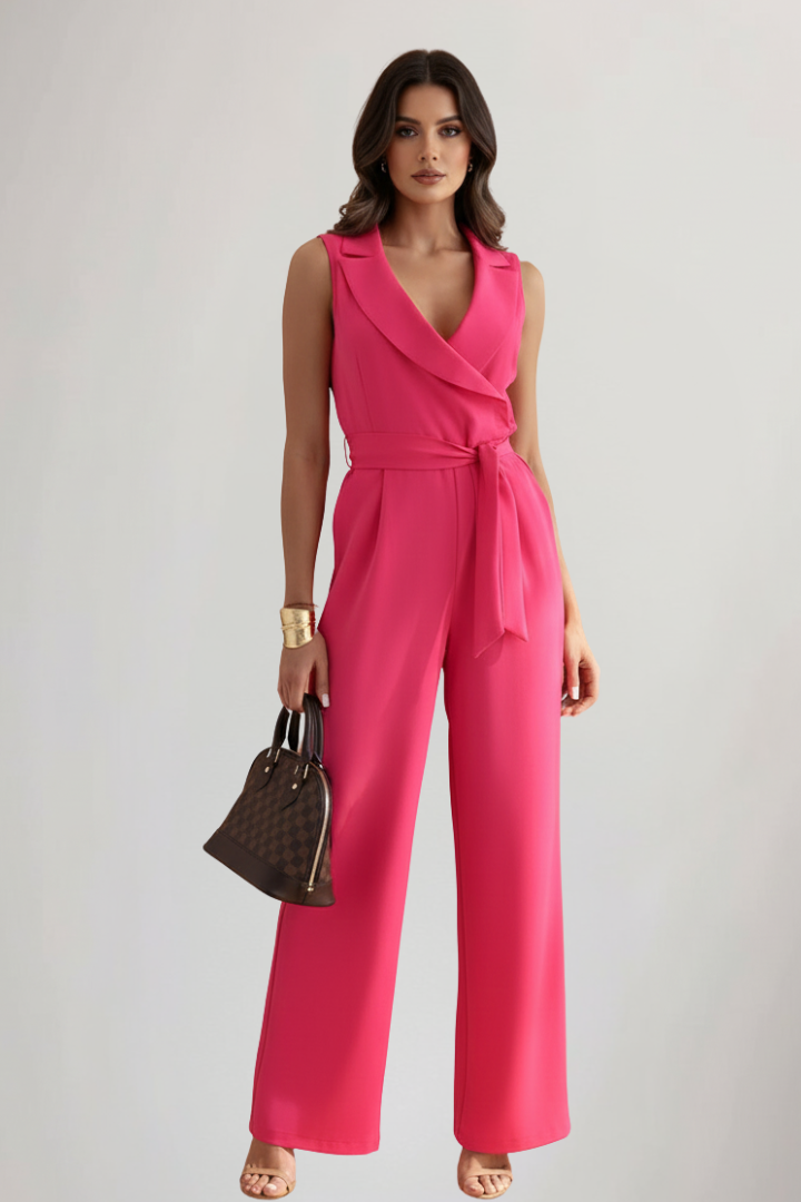 V-Neck Sleeveless Tie-Waist Jumpsuit — worn on model