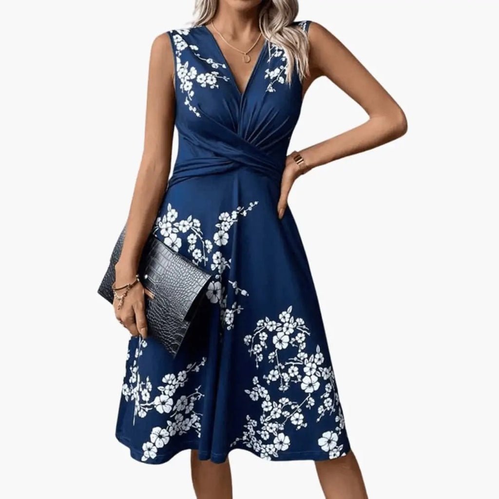 Women's Floral Sleeveless V-Neck Midi Dress front view - Elegant Wedding Guest Midi Dress