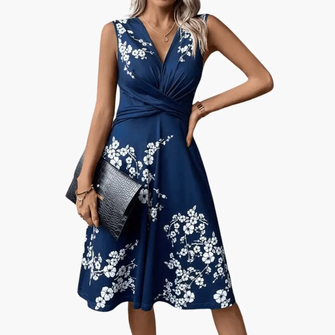Women's Floral Sleeveless V-Neck Midi Dress front view - Elegant Wedding Guest Midi Dress