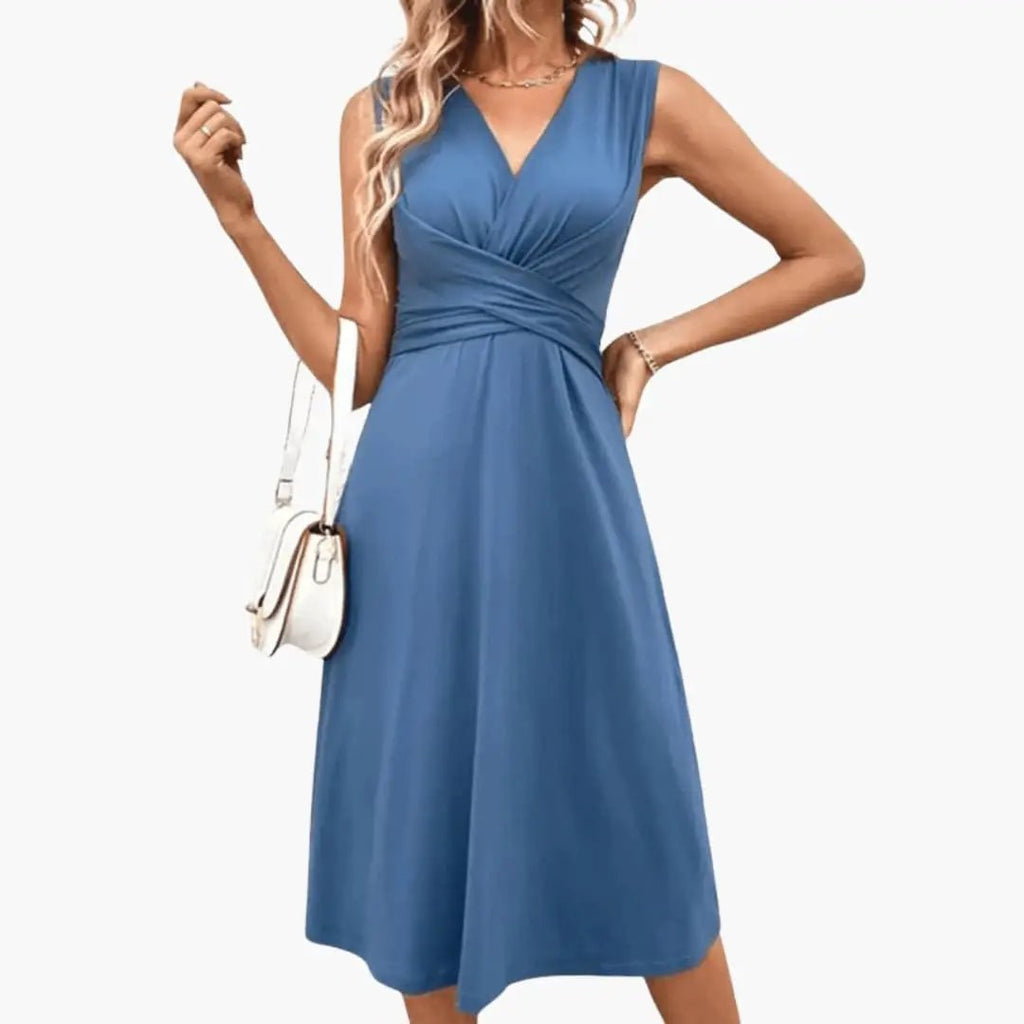 Women's Floral Sleeveless V-Neck Midi Dress back view - Elegant Wedding Guest Midi Dress