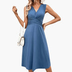 Women's Floral Sleeveless V-Neck Midi Dress back view - Elegant Wedding Guest Midi Dress