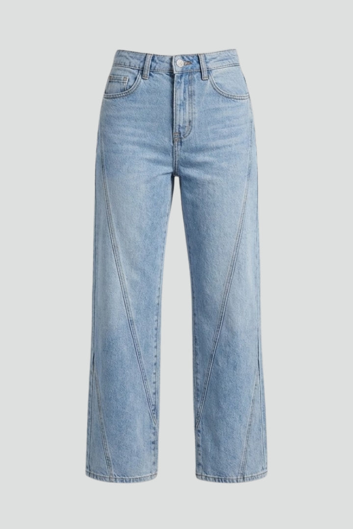 Blue high-waist relaxed straight-leg jeans, front view