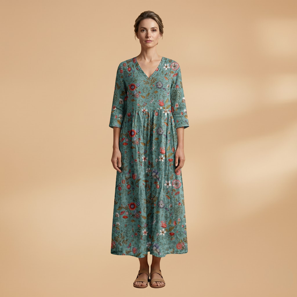 Women's V-neck short sleeve floral dress in pastel tones