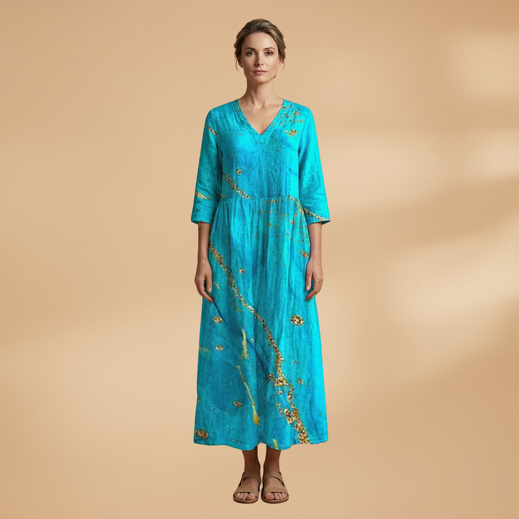 Women's floral summer dress back view flowing skirt
