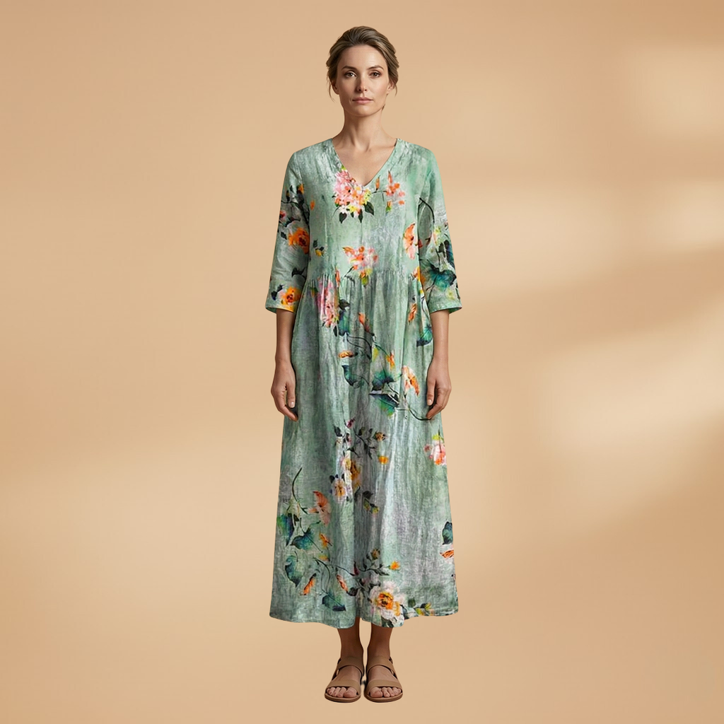 Women's V-neck floral dress full length view short sleeves