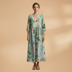 Women's V-neck floral dress full length view short sleeves