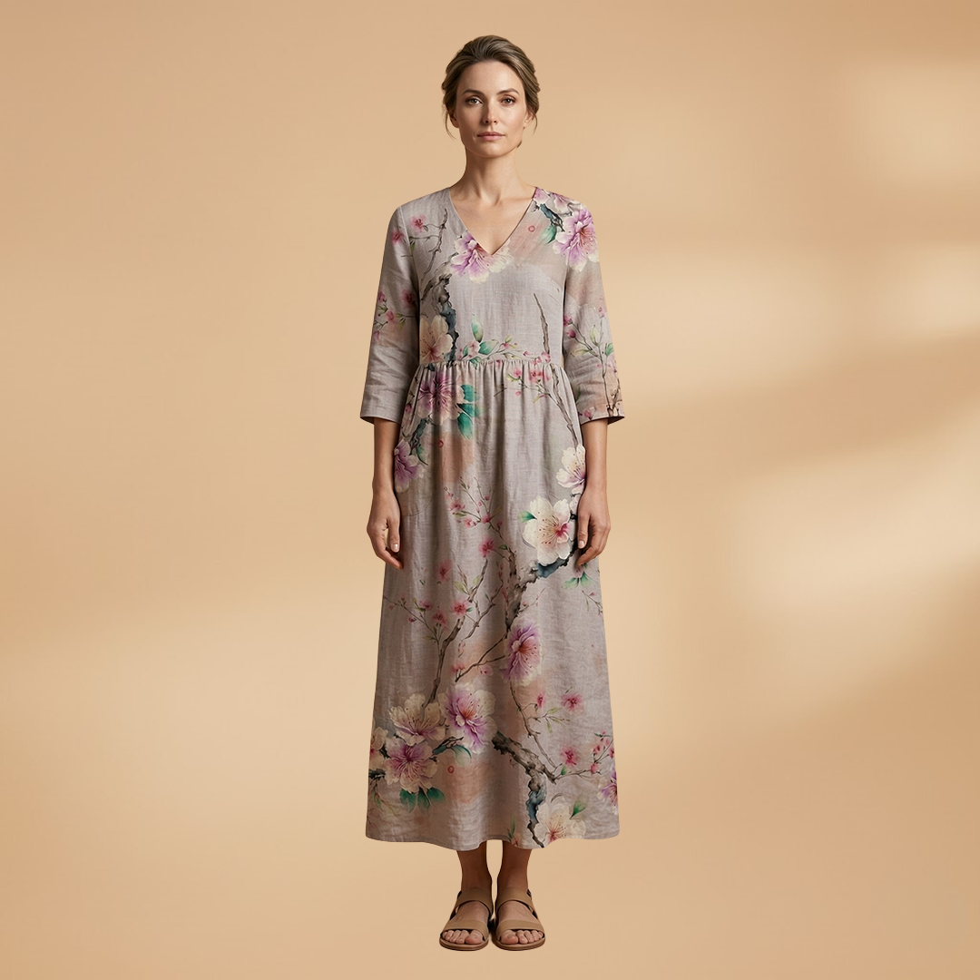 Front view of women's floral short sleeve casual dress