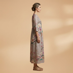 Women's floral V-neck dress with flowing skirt and straight hem