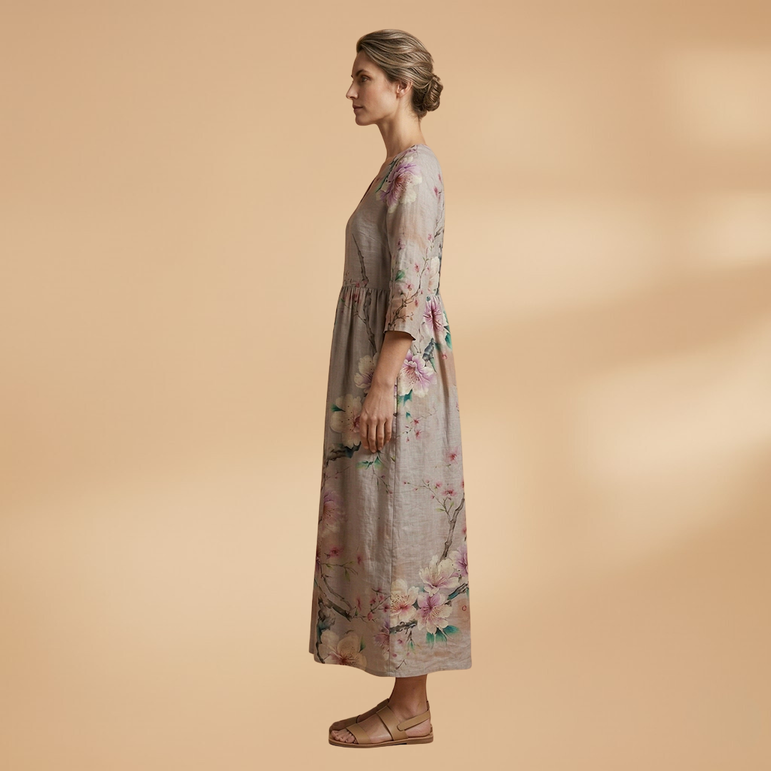 Side view of women's floral short sleeve summer dress