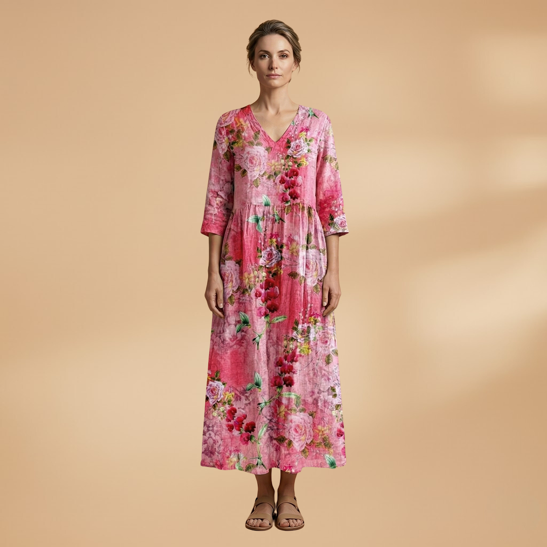 Women's V-neck floral dress casual brunch look