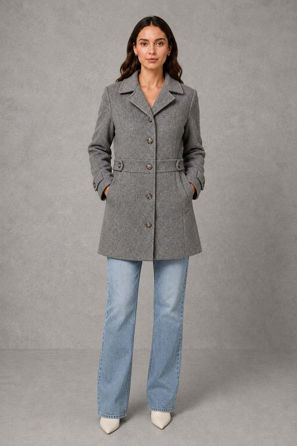 Tailored longline collared button front coat with a streamlined cut