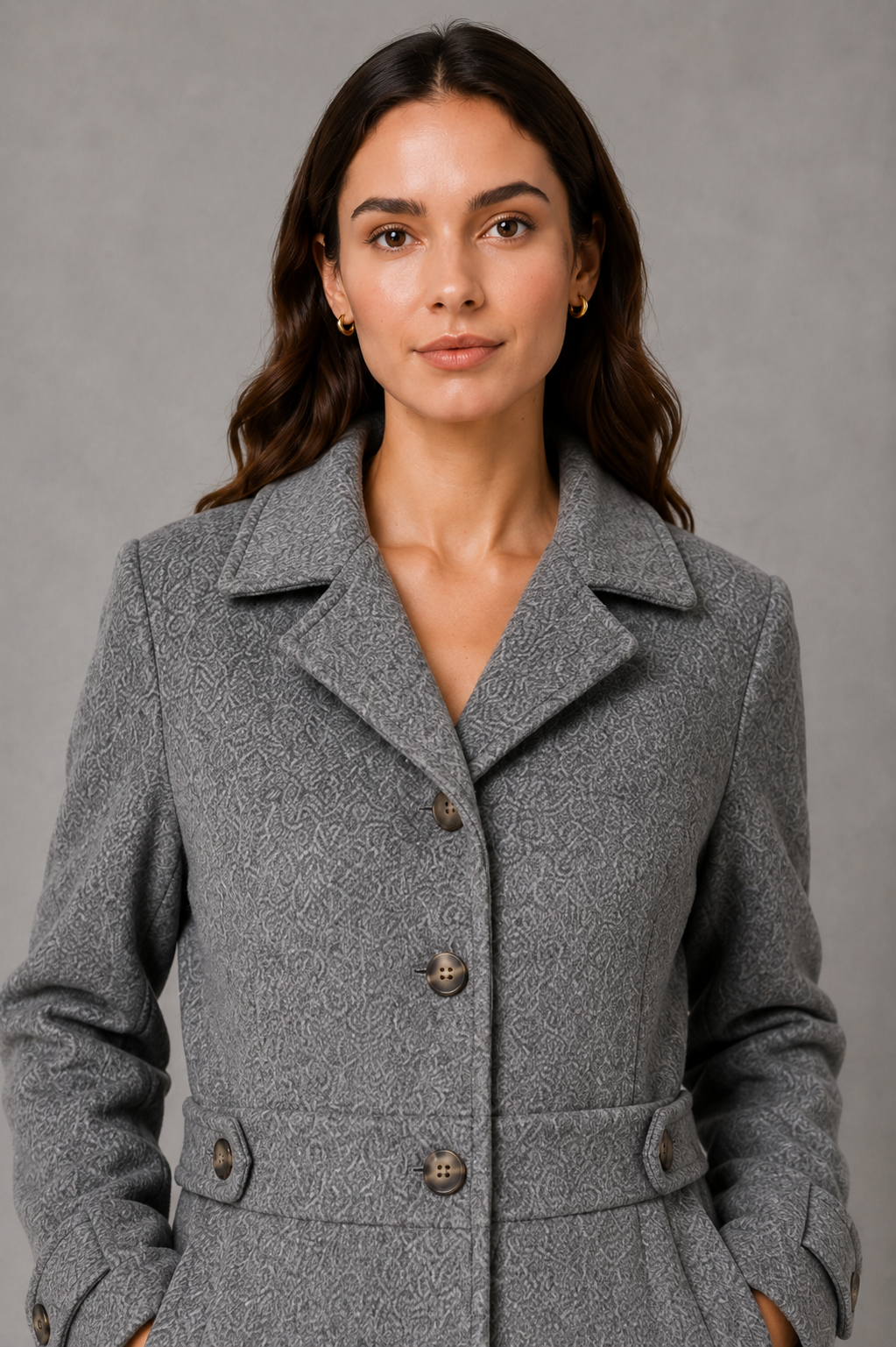 Tailored longline collared button front coat with a button front fastening