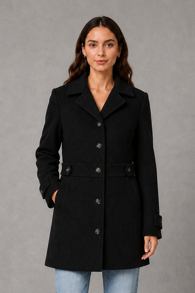 Tailored longline collared button front coat with a classic collar