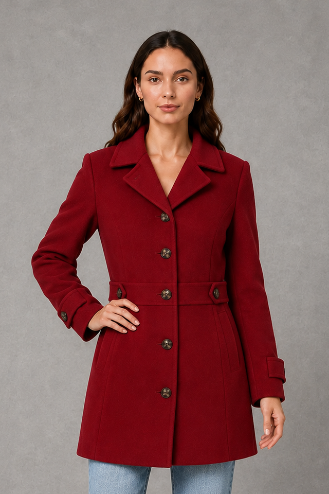 Tailored longline collared button front coat with a button front fastening