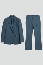 Women's two-piece trouser suit – blue blazer and trousers flat lay