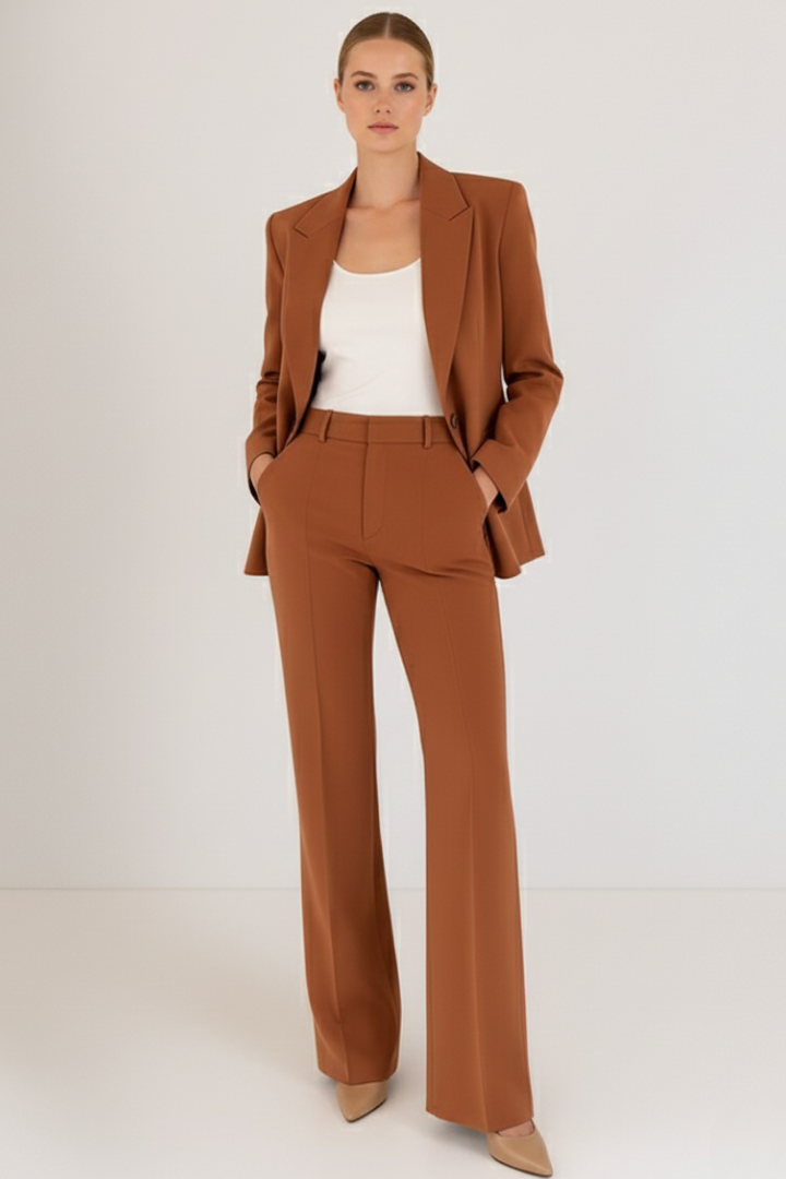 Two-piece trouser suit in rust brown – women's blazer and straight leg trousers