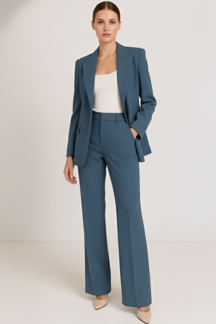 Women's trouser suit set in blue – tailored blazer and straight leg trousers front view
