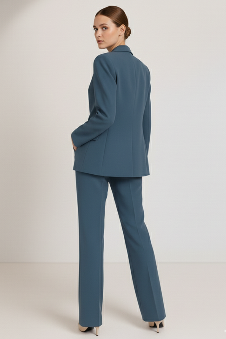 Blue tailored trouser suit – blazer and straight leg trousers back view