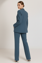 Blue tailored trouser suit – blazer and straight leg trousers back view