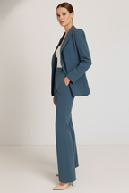 Women's blazer and trousers suit set in blue – angled front view