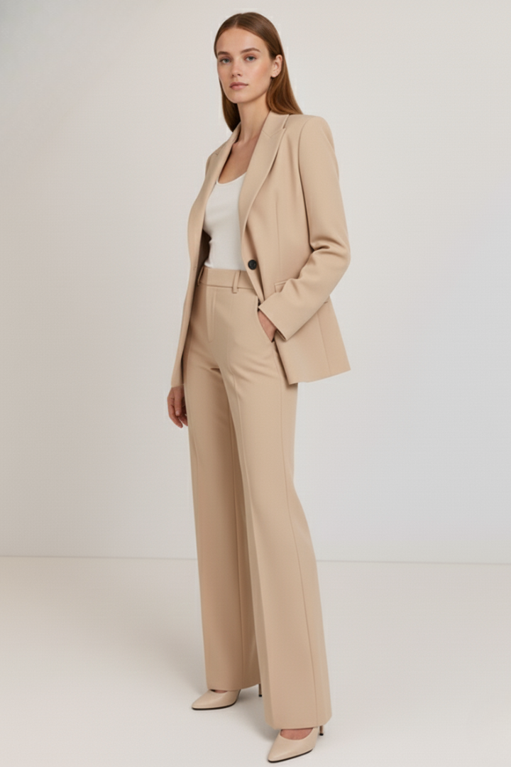Women's tailored trouser suit in beige camel – blazer and trousers front view