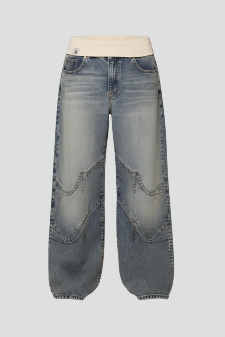 Light Blue Casual Baggy Wide-Leg Denim Trousers