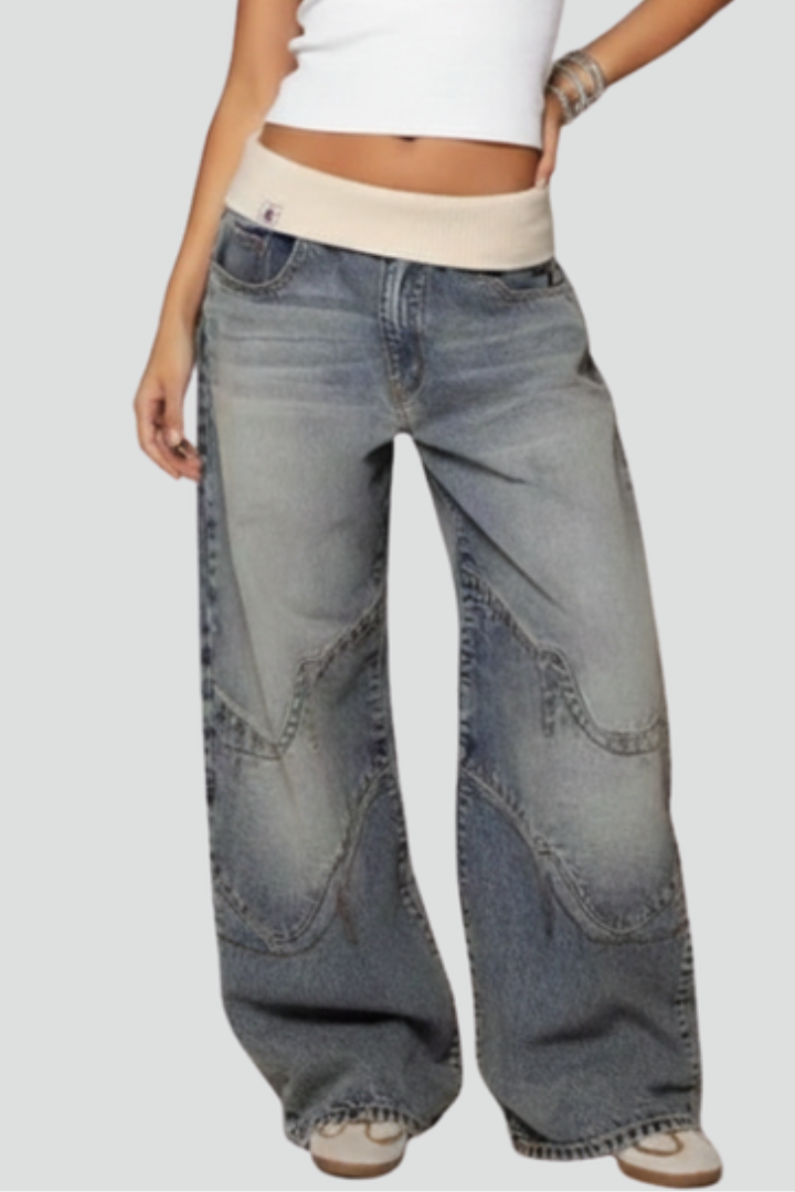 Light Blue Casual Baggy Wide-Leg Denim Trousers — worn on model