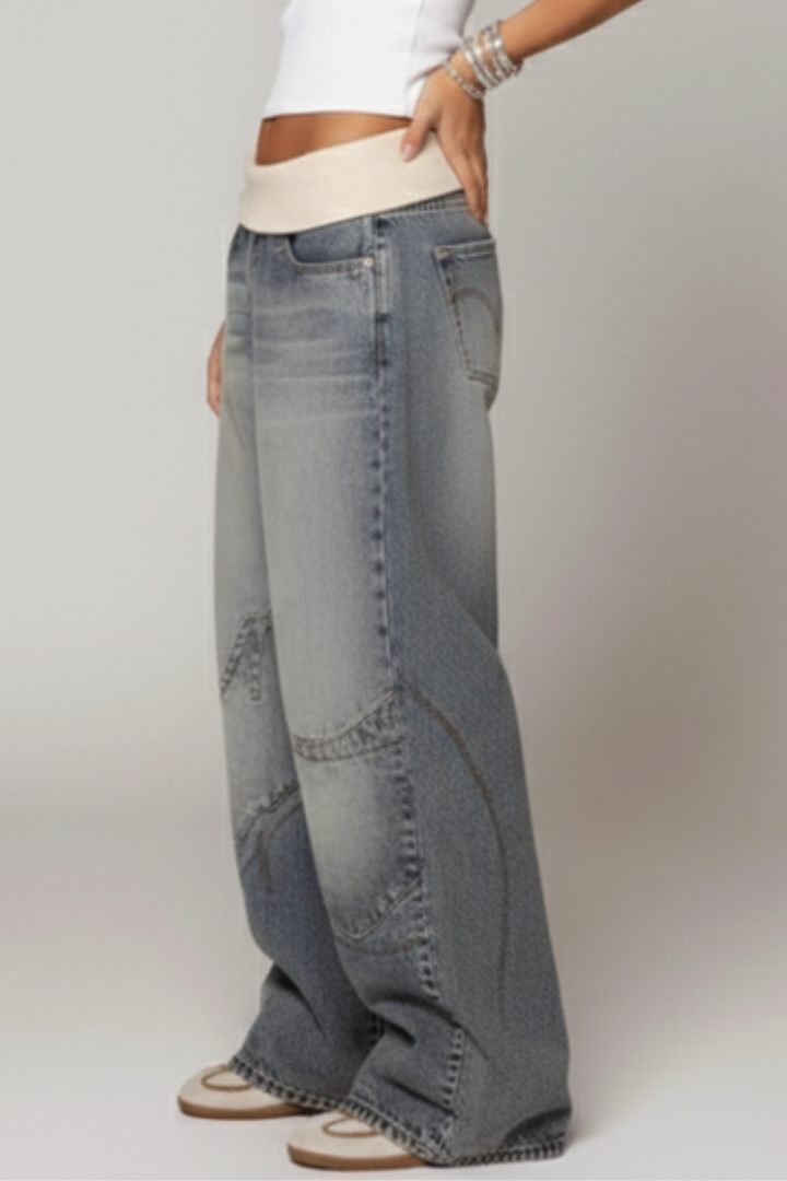 Light Blue Casual Baggy Wide-Leg Denim Trousers