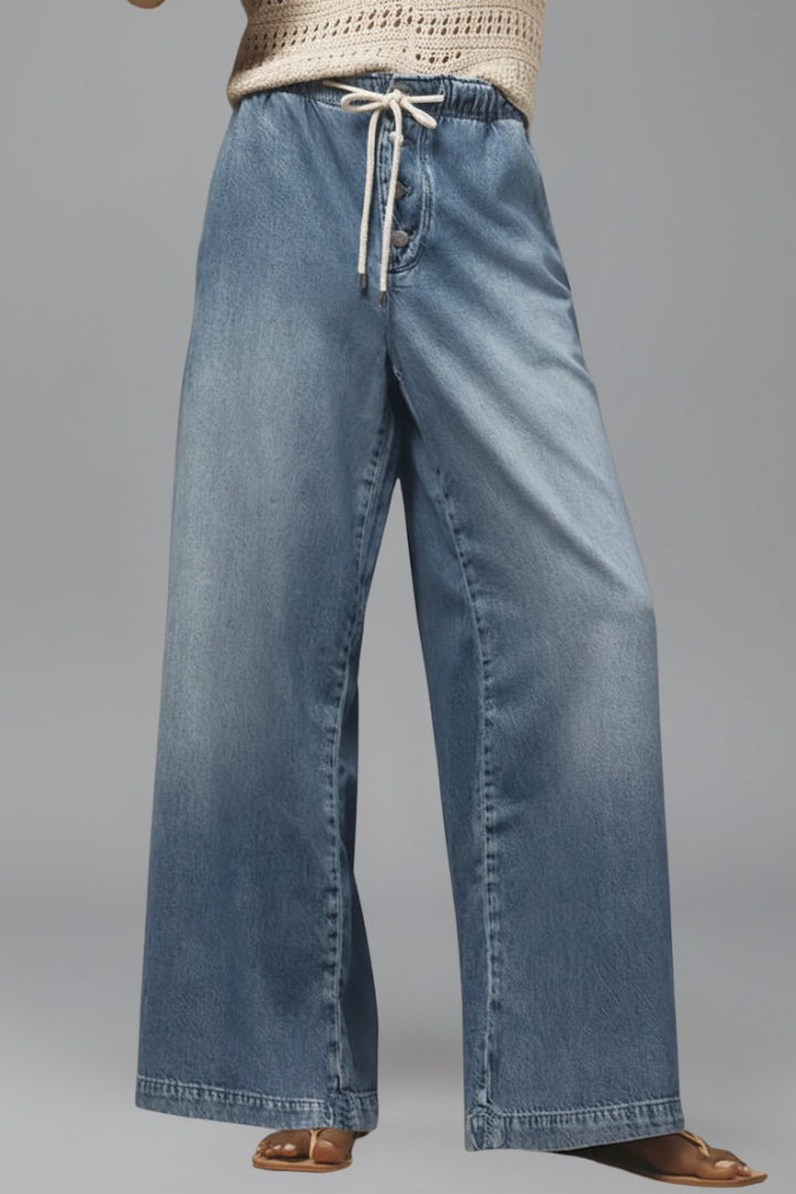 Light Blue Relaxed Drawstring Wide-Leg Jeans — worn on model