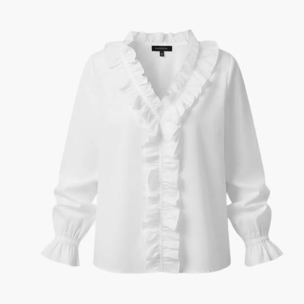 Women's V-neck ruffle detail long sleeve blouse, elegant feminine style, front view