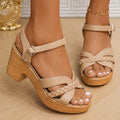 Braided Leather Block Heel Ankle Strap Sandals in Beige, front view