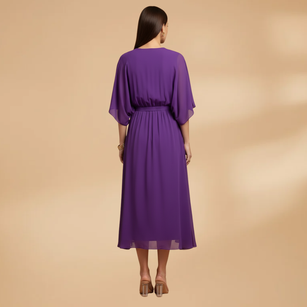 Side view of women's chiffon sleeveless flowing dress