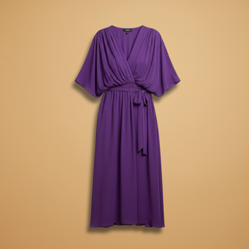 Chiffon V-neck sleeveless flowing wedding guest dress in purple, front view