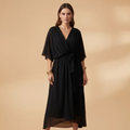 Women's chiffon V-neck dress back view flowing skirt