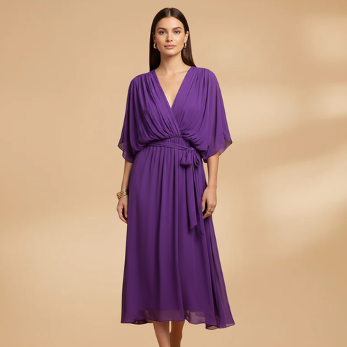 Flowing chiffon V-neck dress for weddings, front detail view