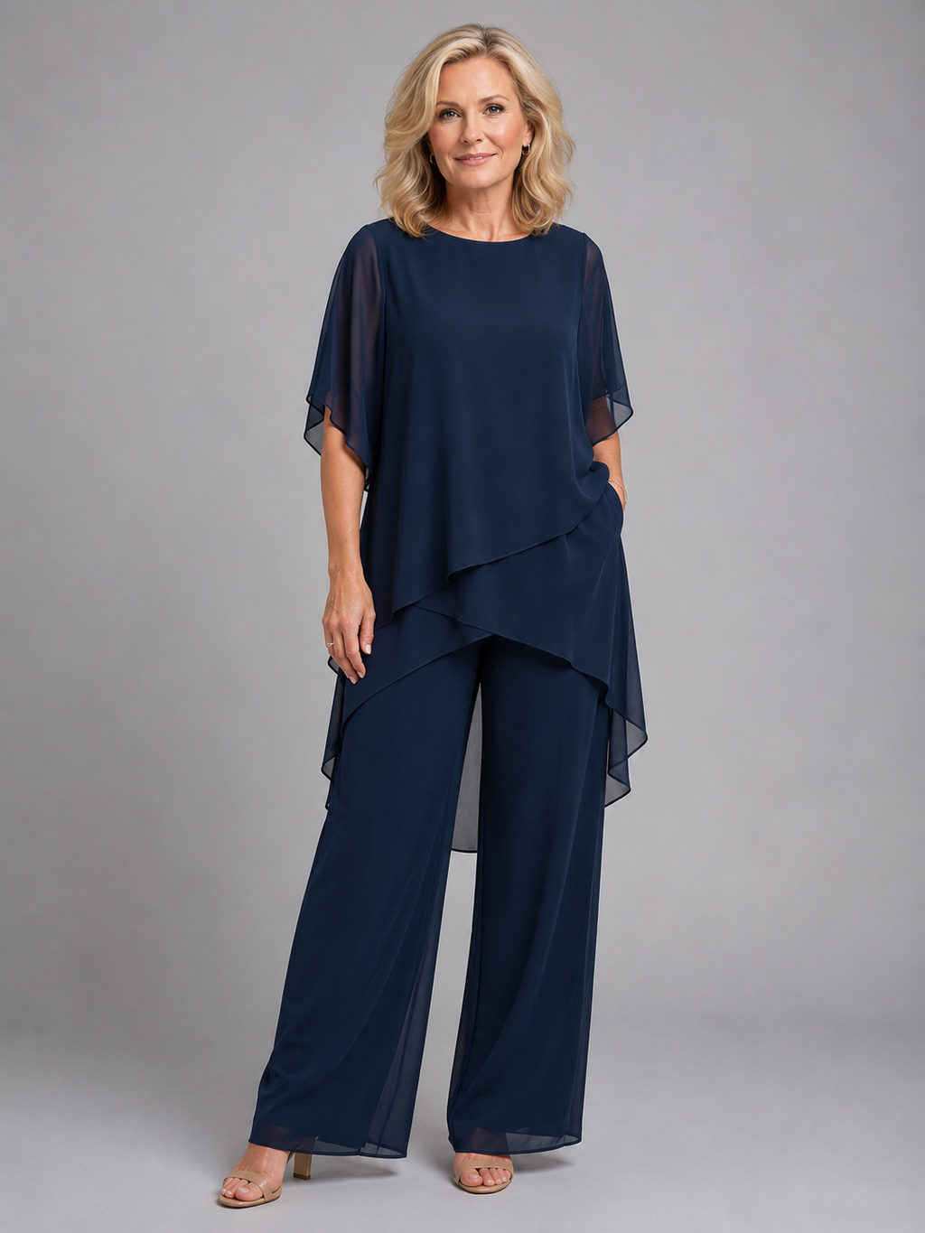 Women's chiffon wide-leg two-piece set front view navy