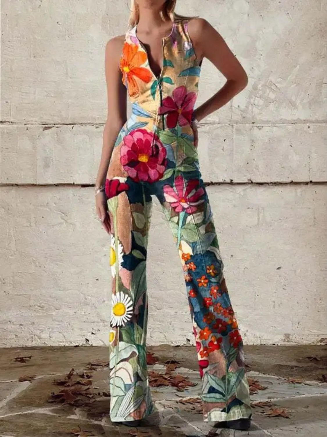 Multicolour floral print wide-leg denim jumpsuit, front view