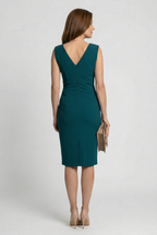 Women's wrap front split midi dress, side view showing silhouette