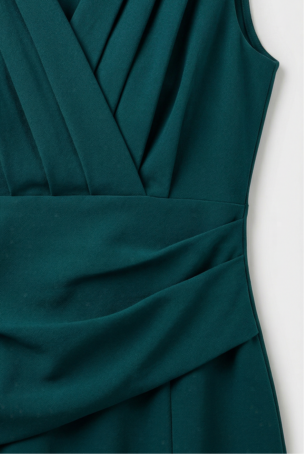 Women's V-neck midi dress with front split, close-up of draping detail