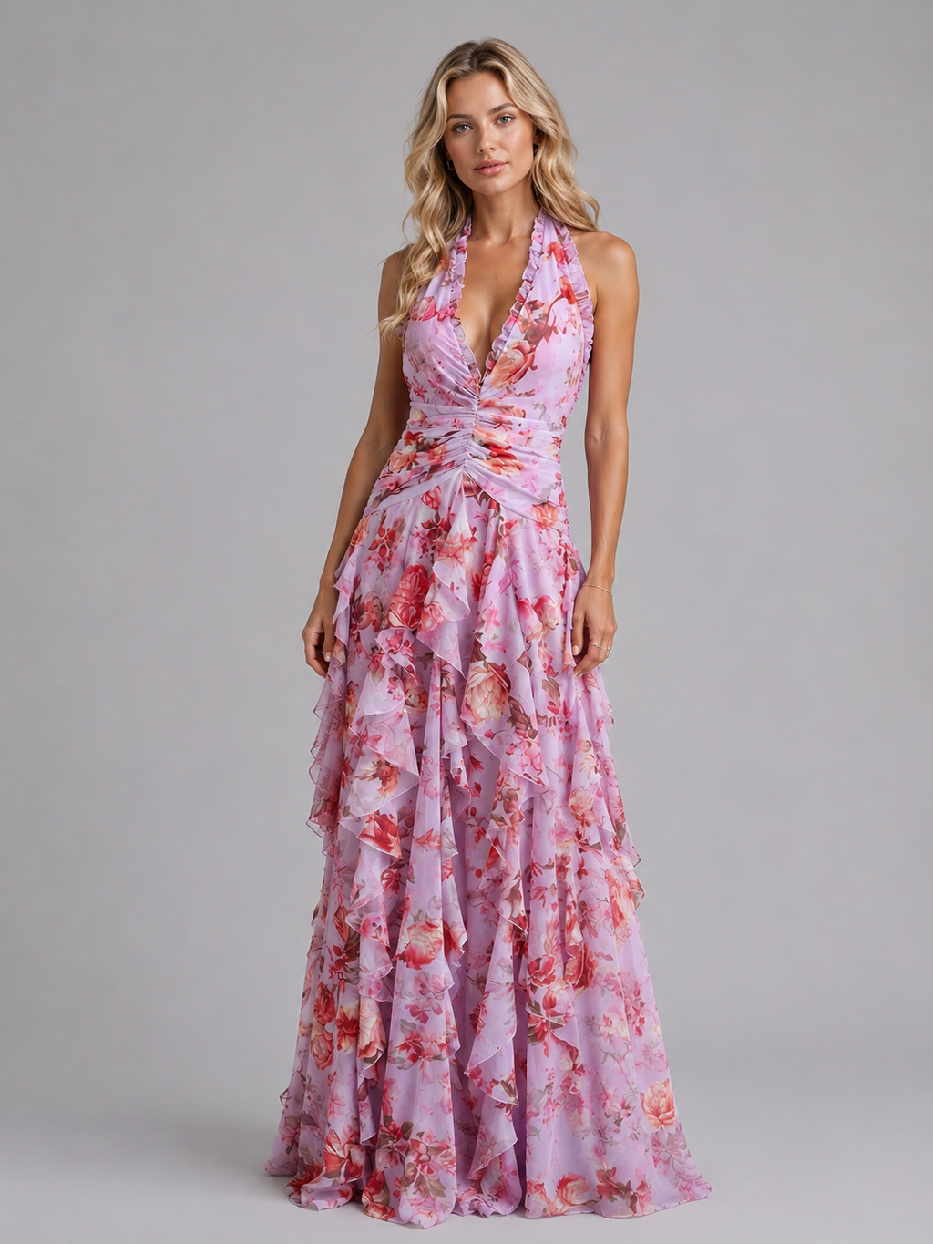 Floral halter maxi dress front view pink wedding guest evening gown