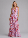 Floral halter maxi dress front view pink wedding guest evening gown