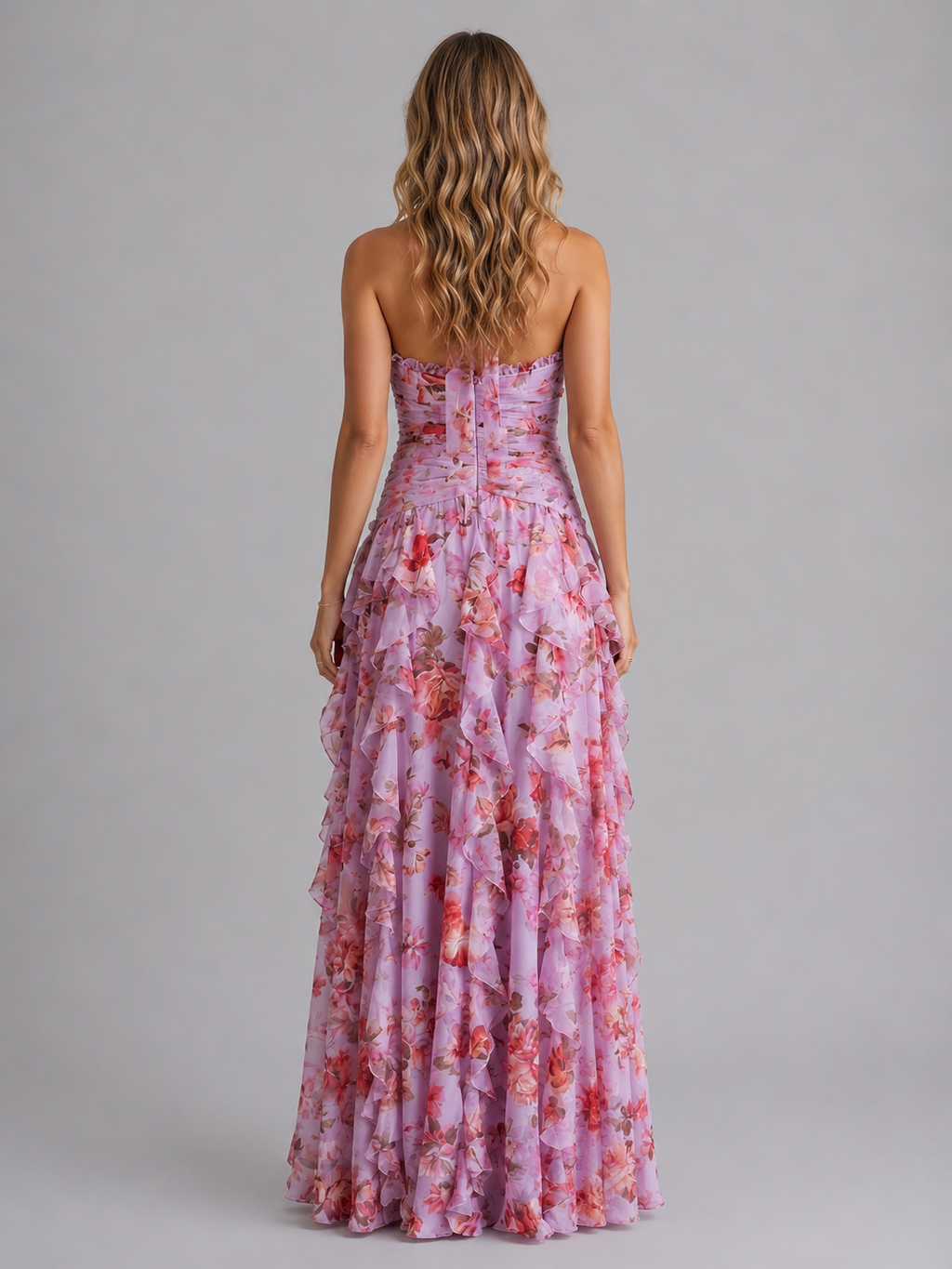 Floral halter evening gown side profile flowing silhouette