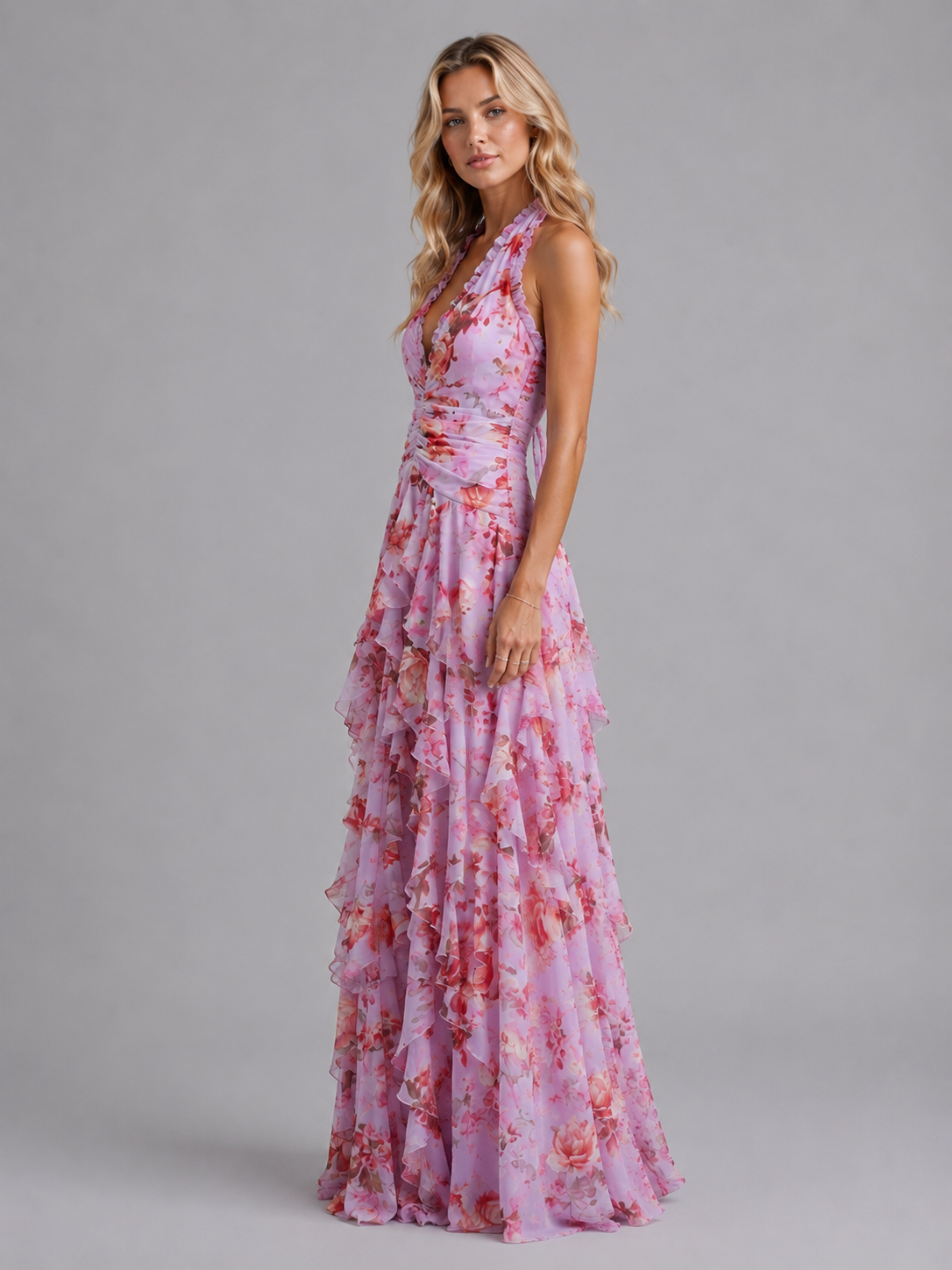 Halter neckline detail close-up floral maxi dress