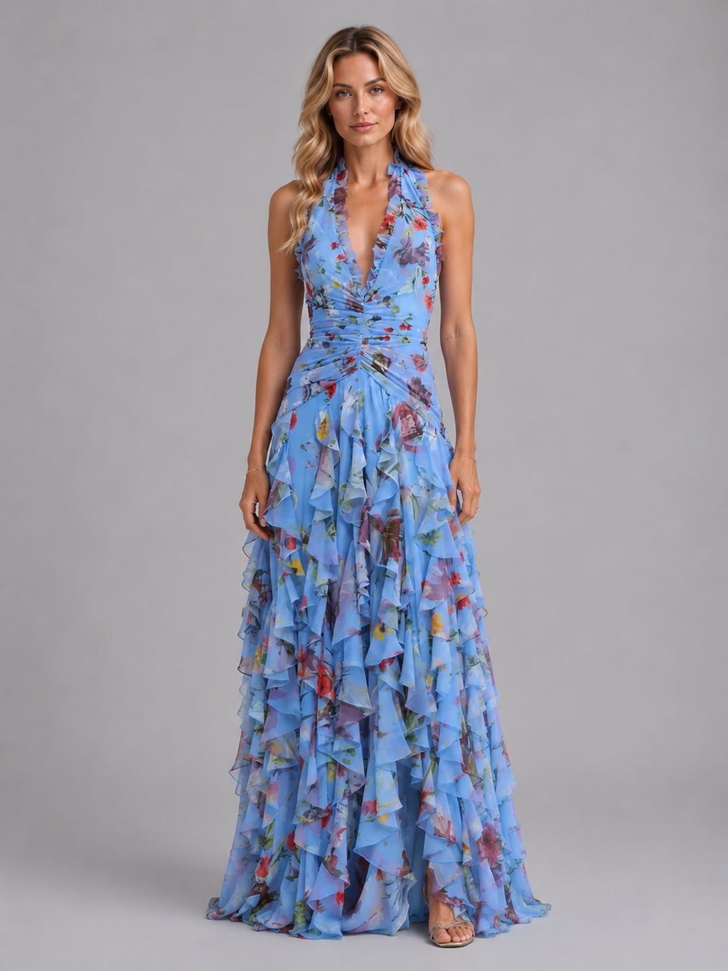 Pink floral maxi dress three-quarter view wedding occasion