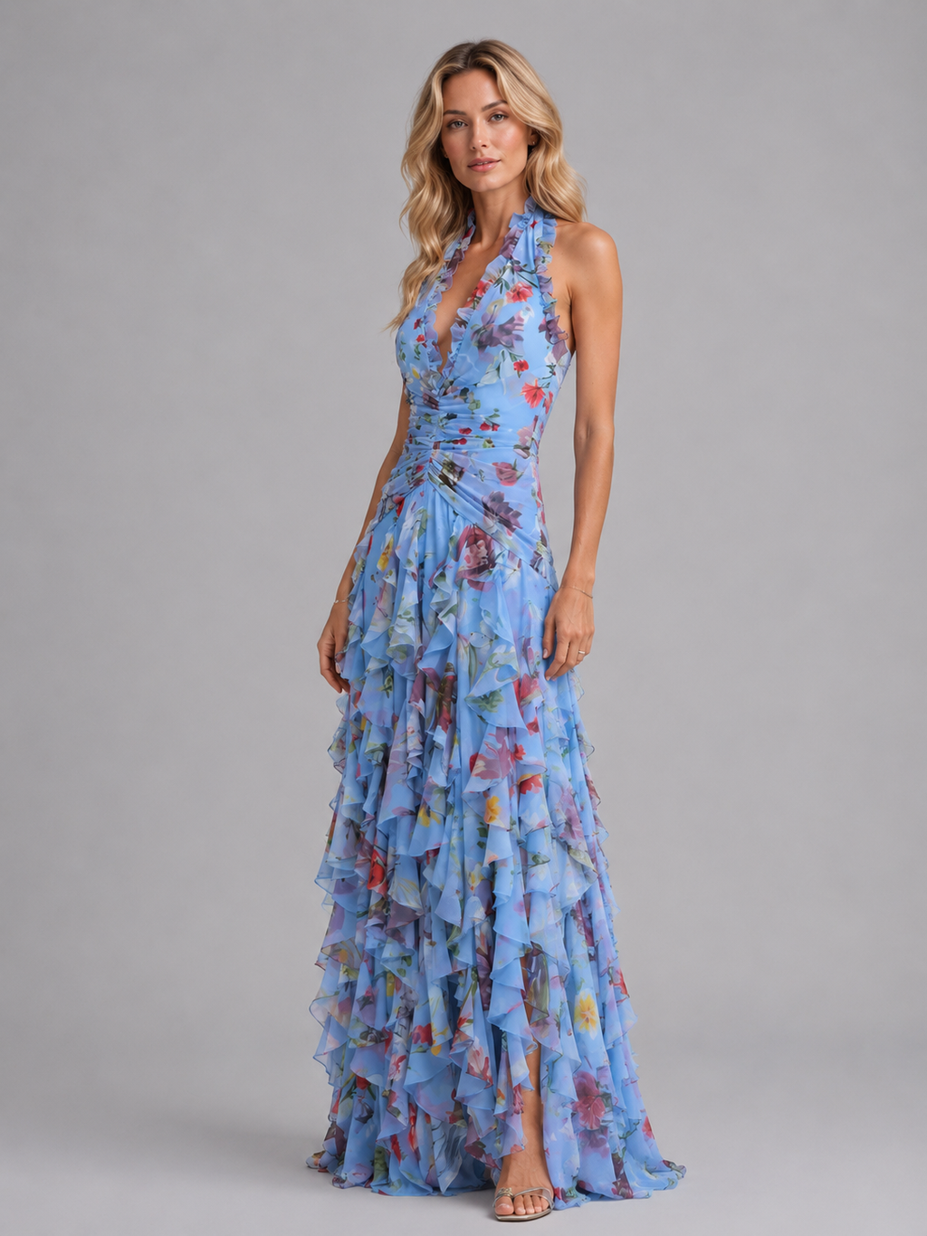 Floral halter evening gown lifestyle shot wedding guest