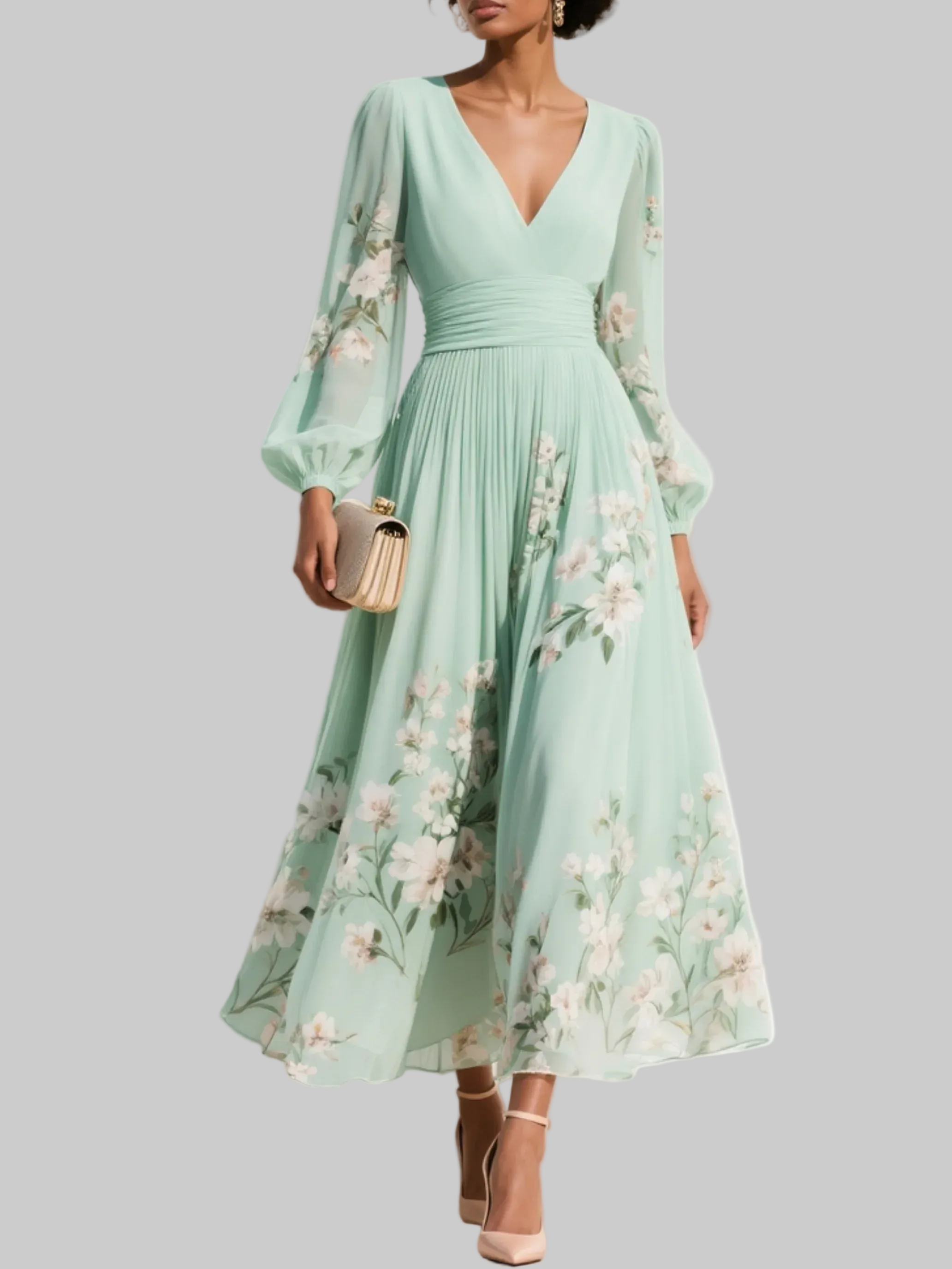 Women's floral long sleeve midi dress in light green – V-neck front view