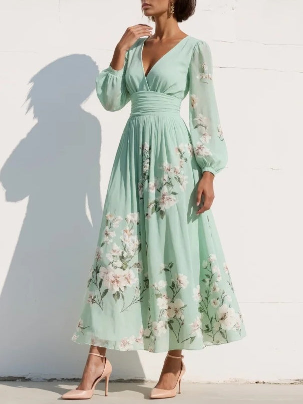 Floral V-neck midi dress with long sleeves – light green side view
